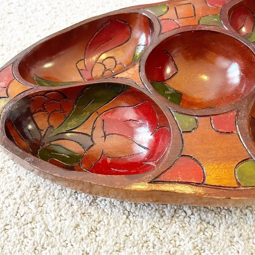 Vintage Mid Century Wooden Serving Bowl Snack Platter Boho Exotic Divided Carved